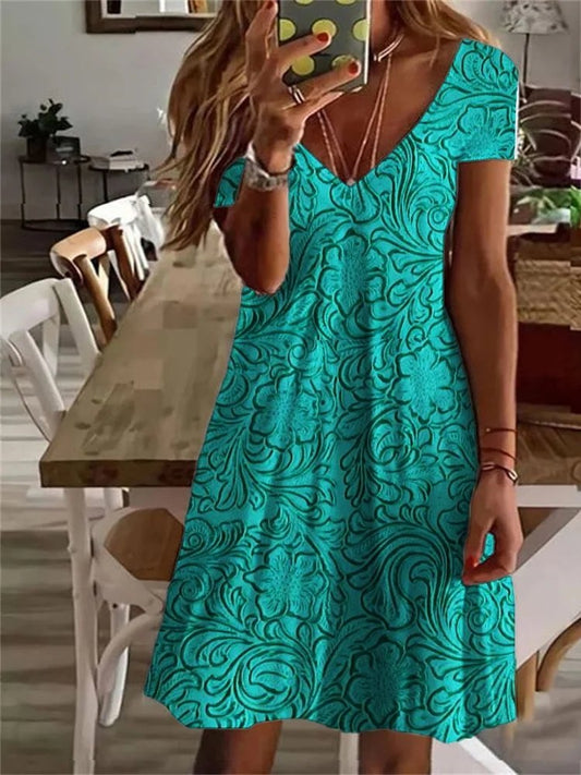 Robe ample décontractée à col en V et à fleurs sans WL65