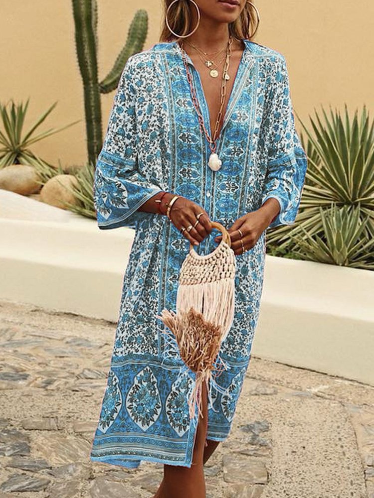 V Neck Women Summer Weaving Dress Shift Floral-Print Floral Weaving Dress WJ87