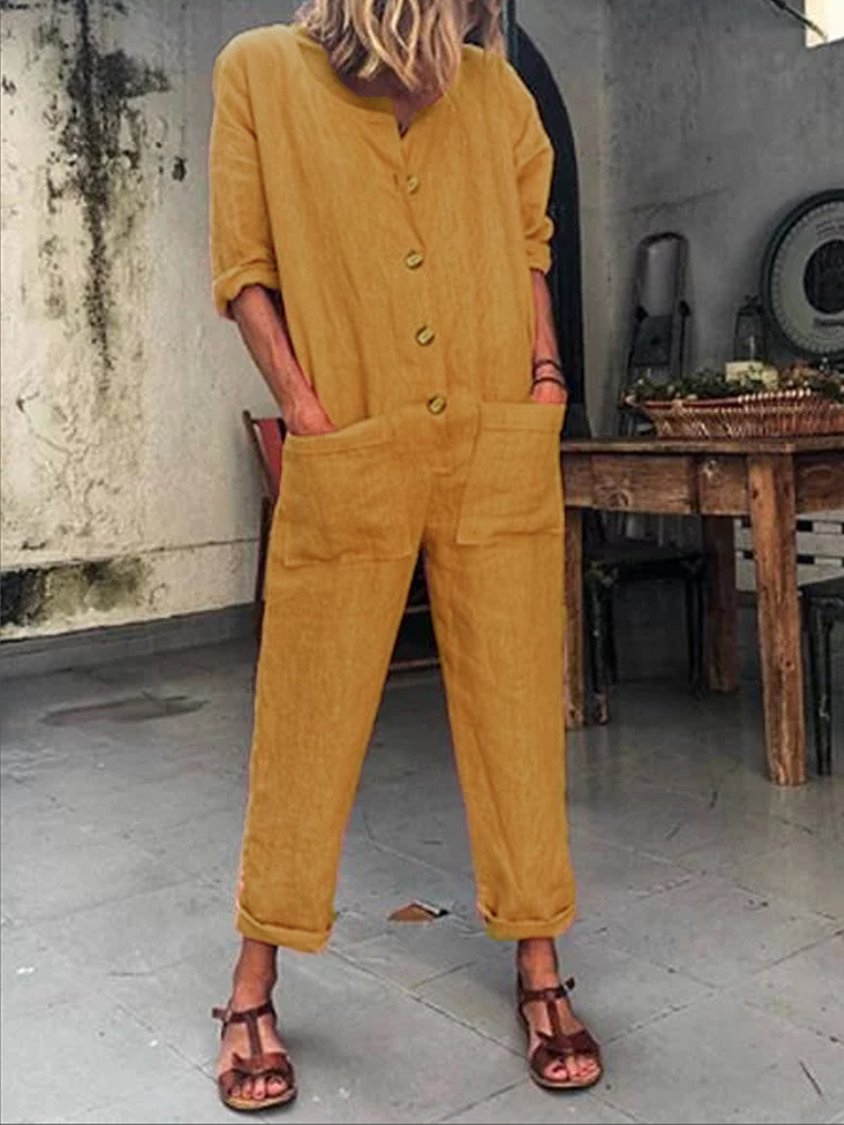 Orange Buttoned Solid Casual Long Sleeve Jumpsuits FE1003