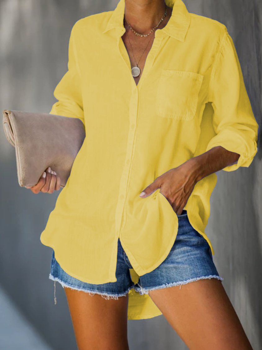 Solid Casual Cotton-Blend Shirt Collar Tunic Blouse AH112