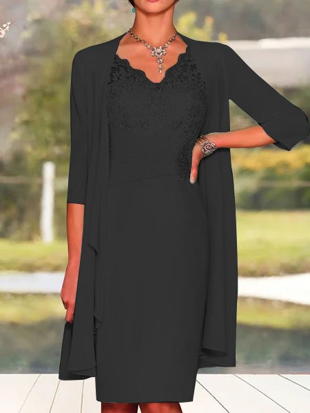 Elegant Plain Lace Stitching Vest Knitted Dress & Cardigan Two-piece Set DK1048