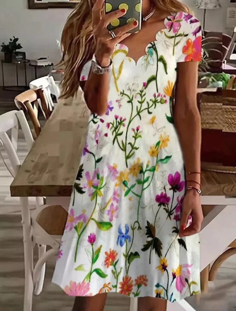 Scallop Neck Floral Vacation Mini Dresses WF63
