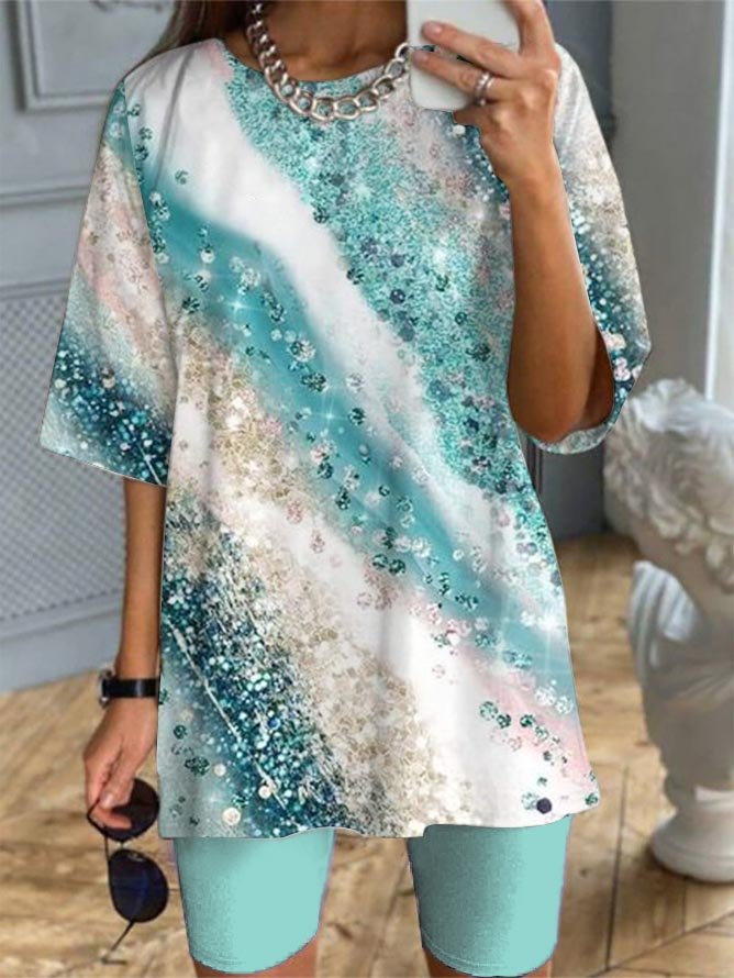 Ensemble deux pièces t-shirt et pantalon en tricot ample dégradé bleu QF92