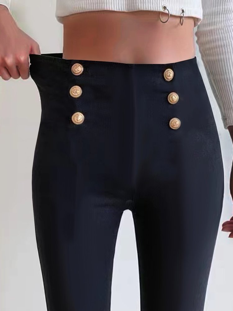 Casual Patchwork Button Tight Plain Leggings WX93