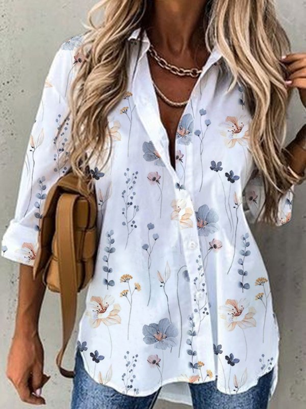 Casual Loose Shirt Collar Floral Blouse WZ89