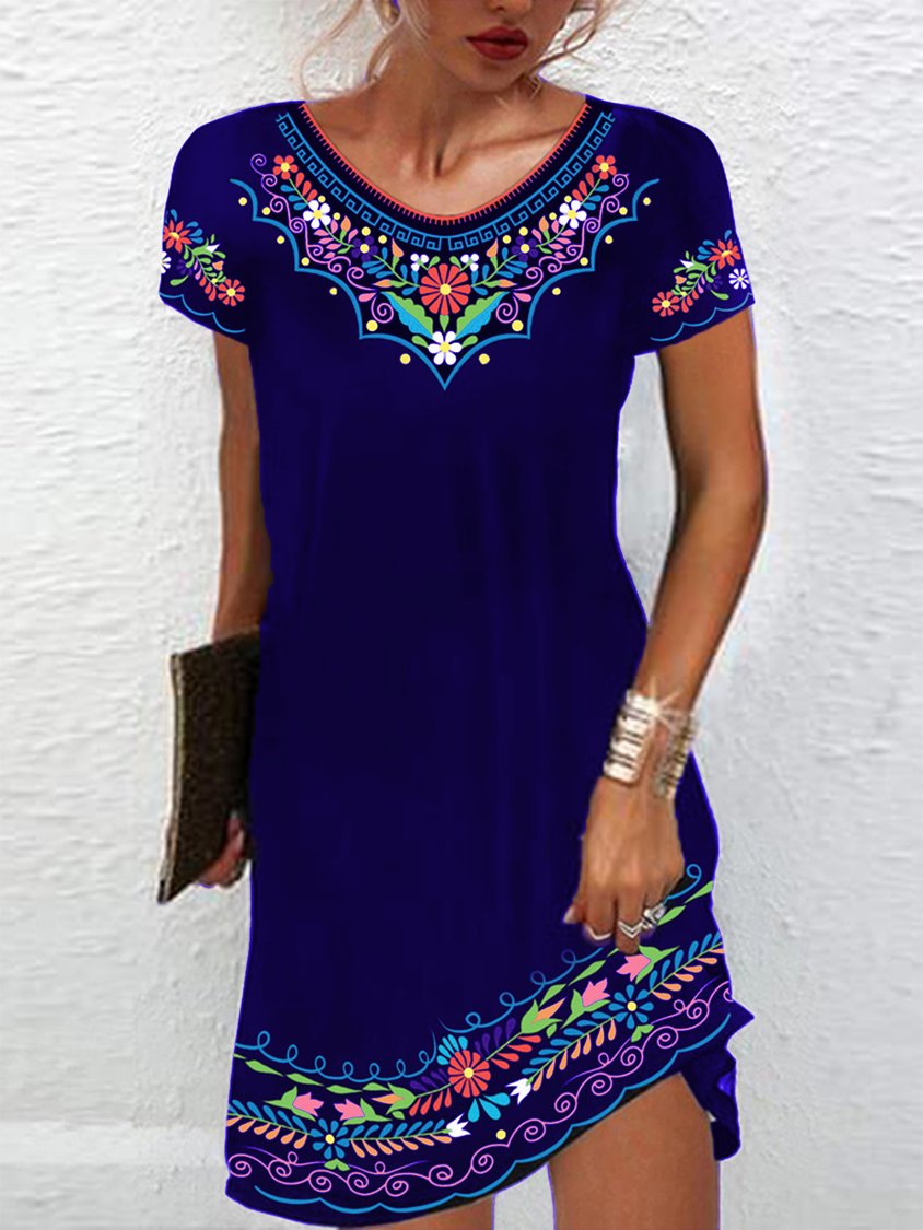 Women's Vacation Regular Fit V Neck Floral Short Sleeve Knit Dress AH557