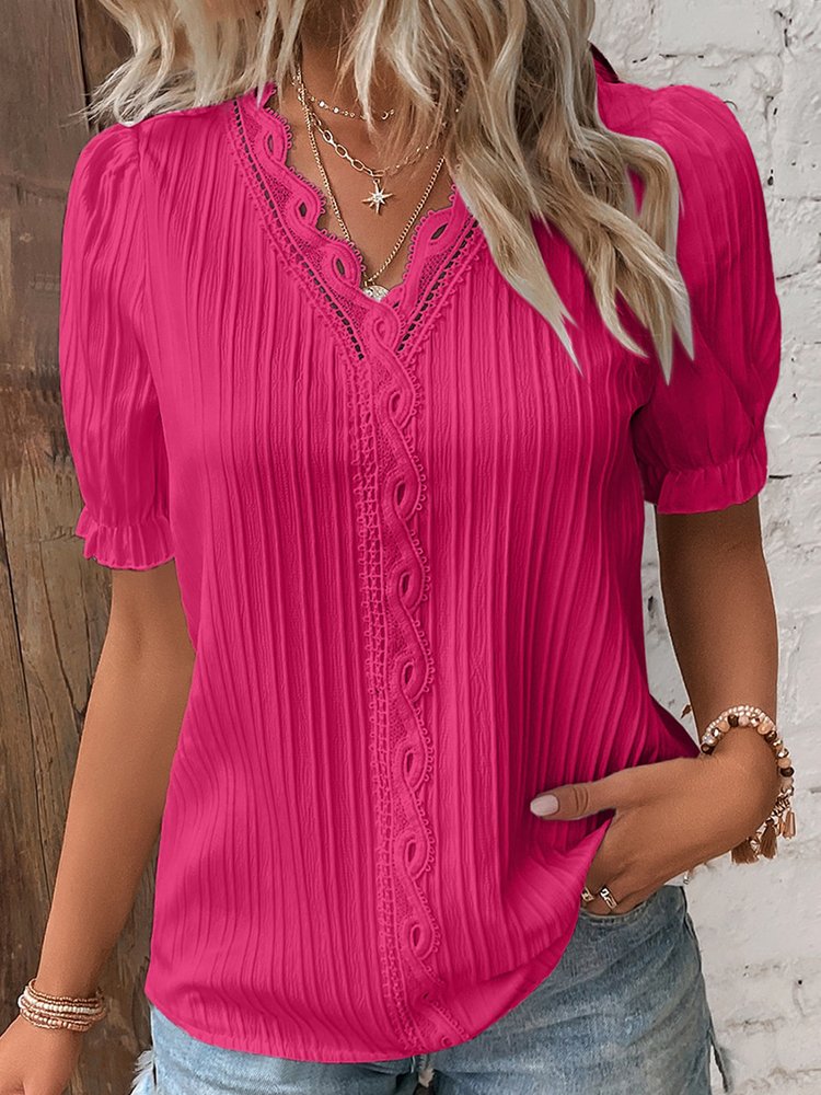 V Neck Plain Lace Elegant Shirt mm241