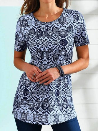 Lässiges Tunika-Hemd mit Rundhalsausschnitt und kurzen Ärmeln im Ethno-Stil QAF49