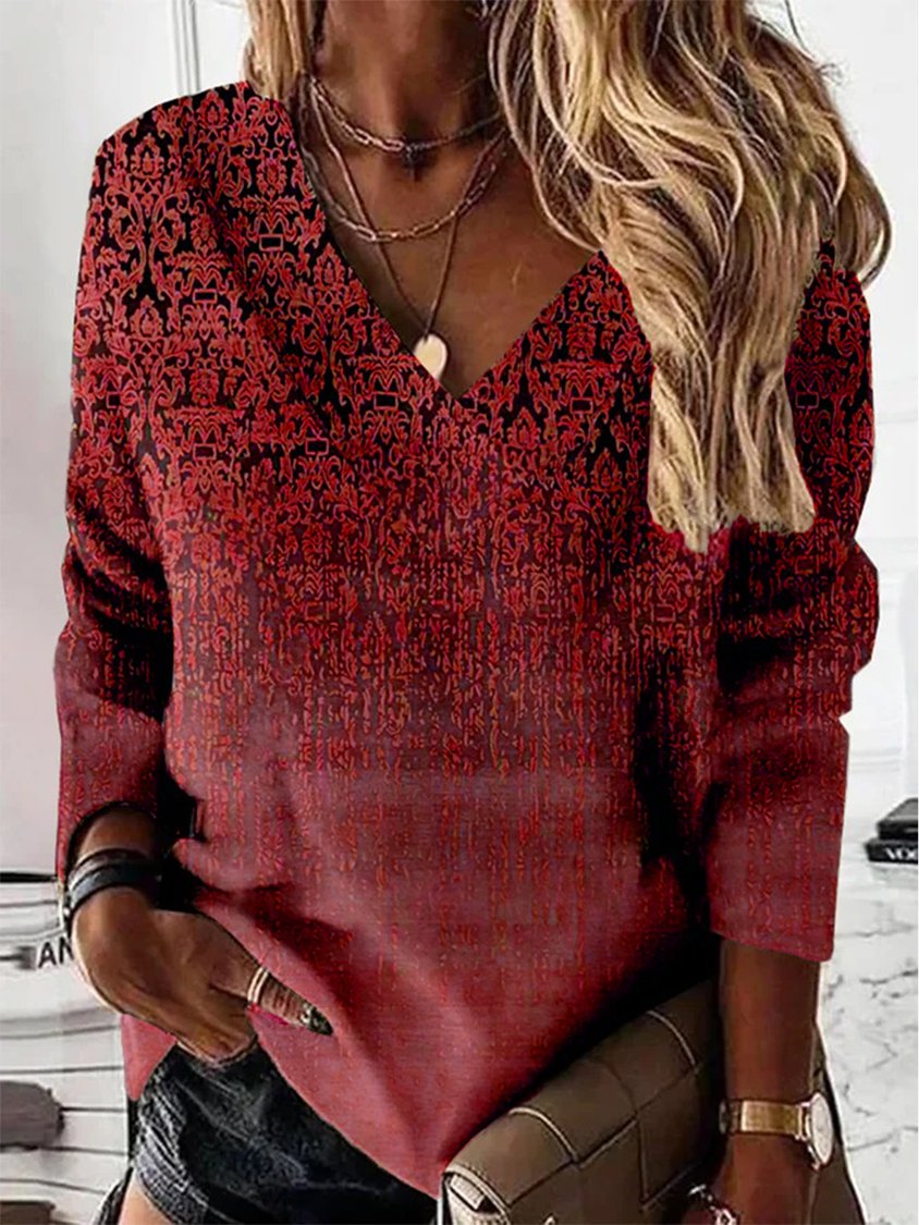 Ethnic Long Sleeve V Neck Casual Tunic Sweatshirt QAL34