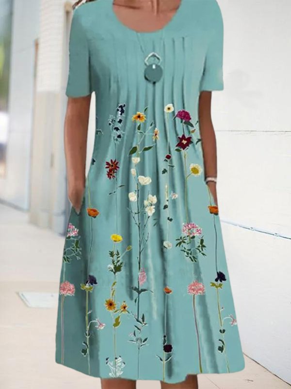 Robe mi-longue trapèze à encolure ronde et tunique fleurie DK1050