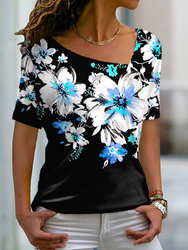 Floral Asymmetrical Casual Floral Print Short Sleeve Holiday Weekend Basic V Neck Regular T-Shirt WS76