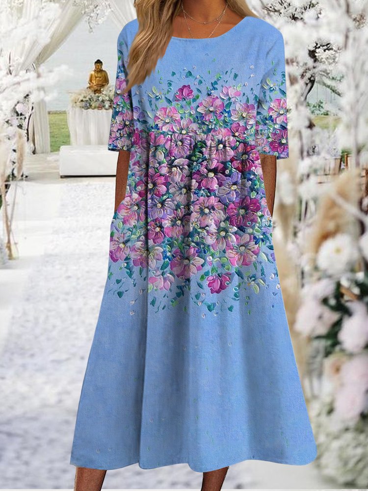 Oil painting flower gradient series X-shaped a-hem loose Long Dress Plus Size WL98