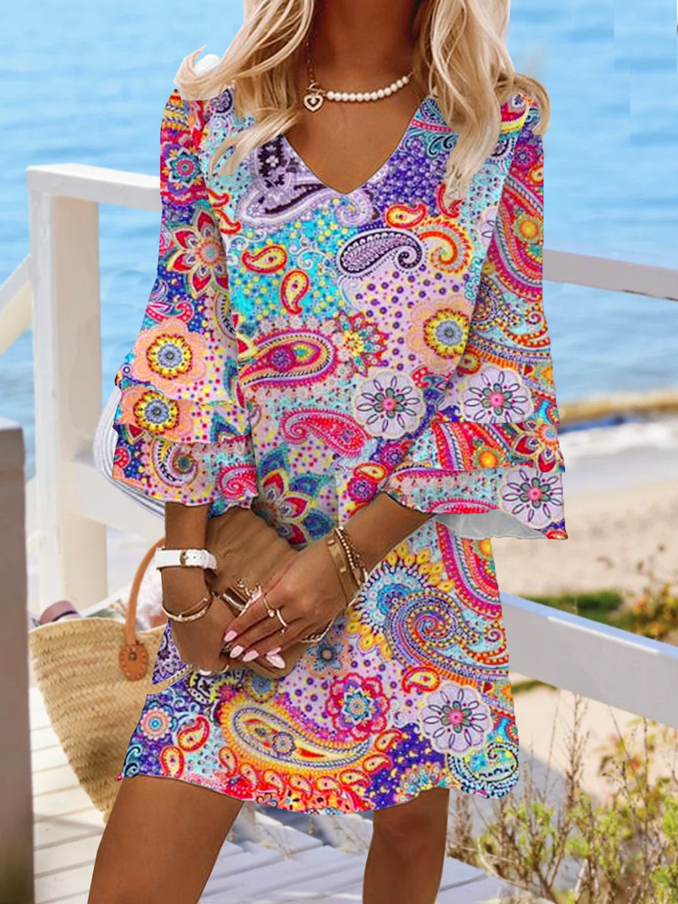 Frauen Tribal Boho V-Ausschnitt Lockere Kurze Tunika Kurzes Kleid QPQ83
