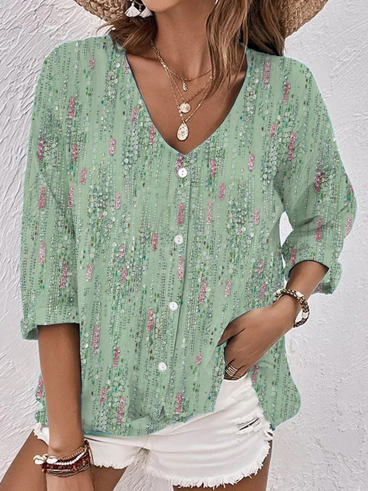 Buttoned V Neck Casual Floral Blouse WW116