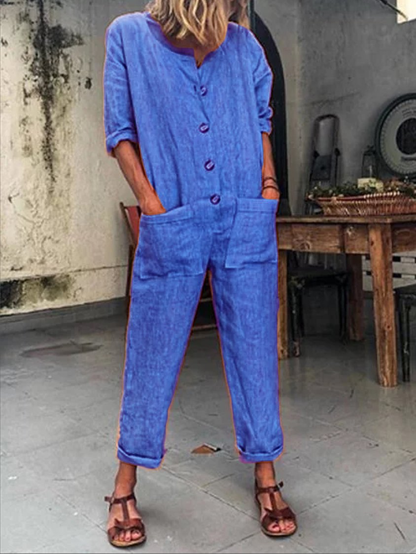 Orange Buttoned Solid Casual Long Sleeve Jumpsuits FE1003
