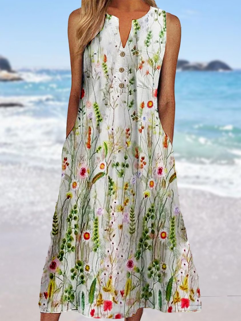 Lockeres Freizeitkleid mit V-Ausschnitt und Blumenmuster AA1