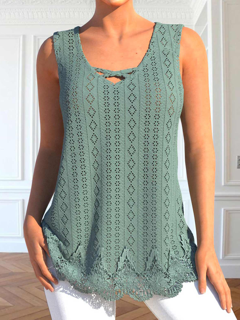 Casual Lace Edge Knitted V Neck Tank Top UU51