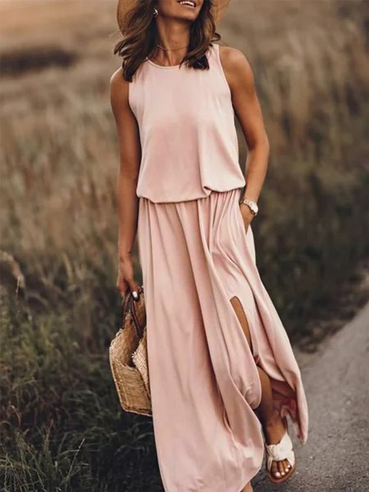 Sleeveless Holiday Solid Round Neck Long Weaving Dress WO119