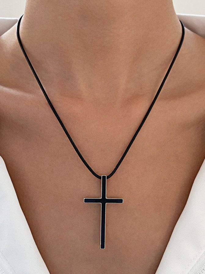 Daily Casual Black Cross Leather Rope Pendant Necklace Daily Dress Versatile Jewelry QI111