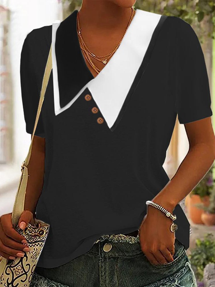 Loose Casual Color Block Shawl Collar T-Shirt WZ94