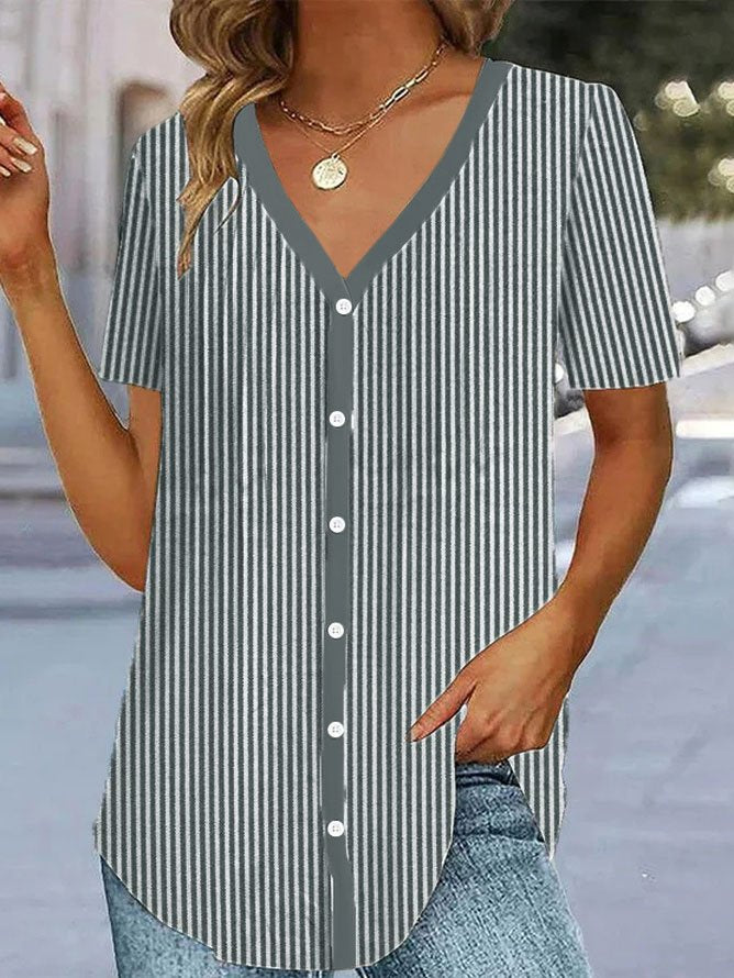 Loose Striped V Neck Casual Blouse WS70