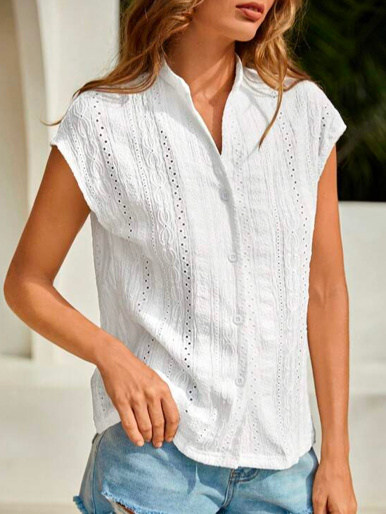 Casual Geometric Eyelet Embroidery Batwing Sleeve Button Front Shirt WZ110