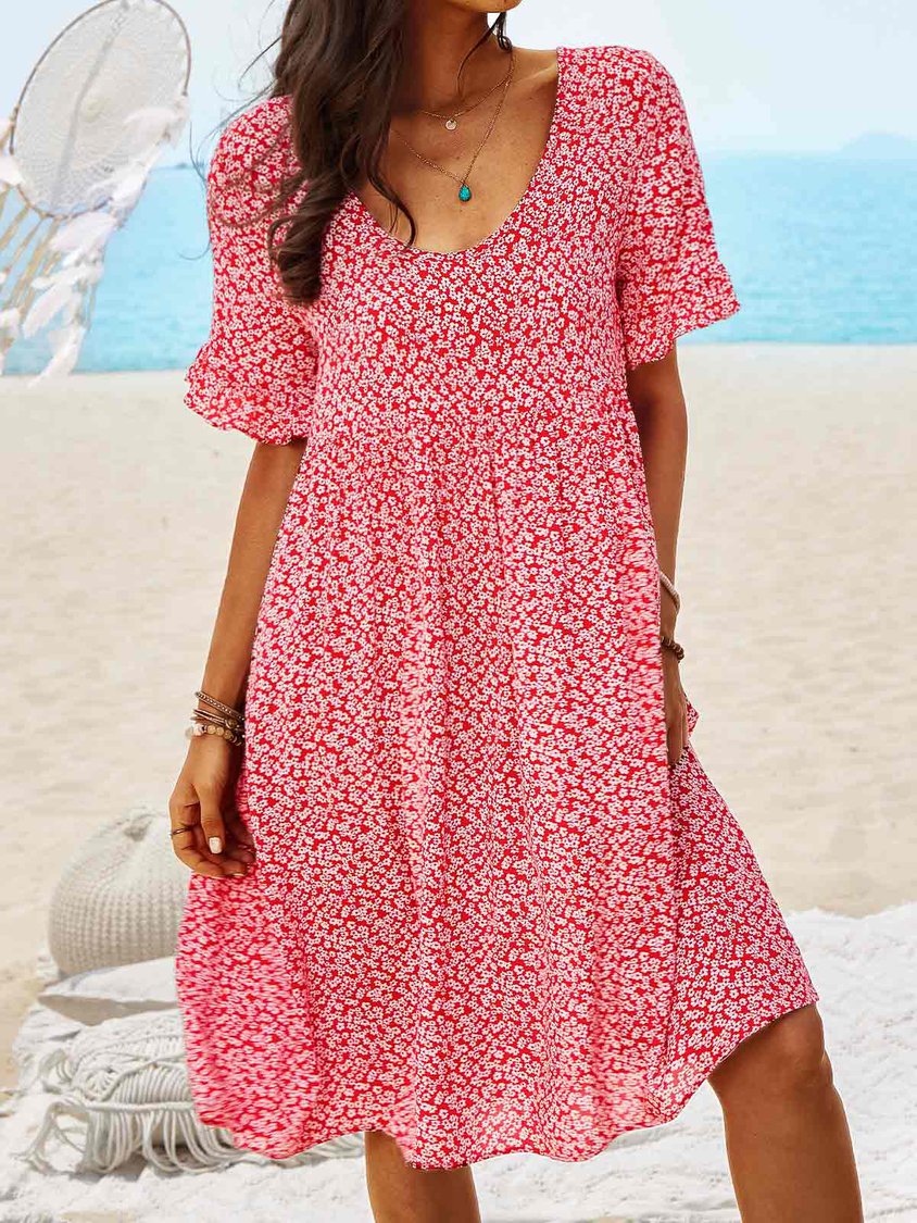 Women Floral Printed Short Sleeve Vintage Boho Weaving Tunic Dress NNq28