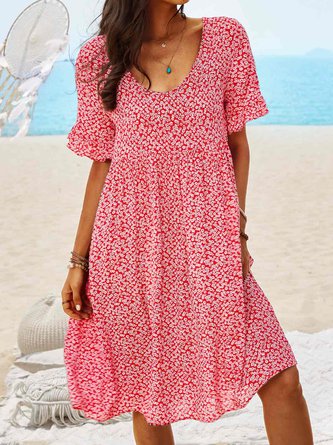 Women Floral Printed Short Sleeve Vintage Boho Weaving Tunic Dress NNq28