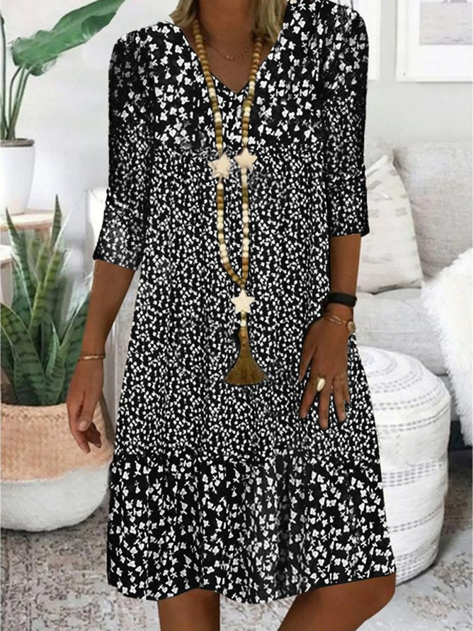 Brown Three Quarter V Neck Floral Shining Midi Smock Dress QU100
