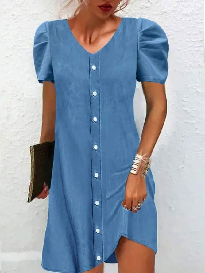 V-neck Casual Loose Denim Single-breasted Short-sleeved Short Dress WL95