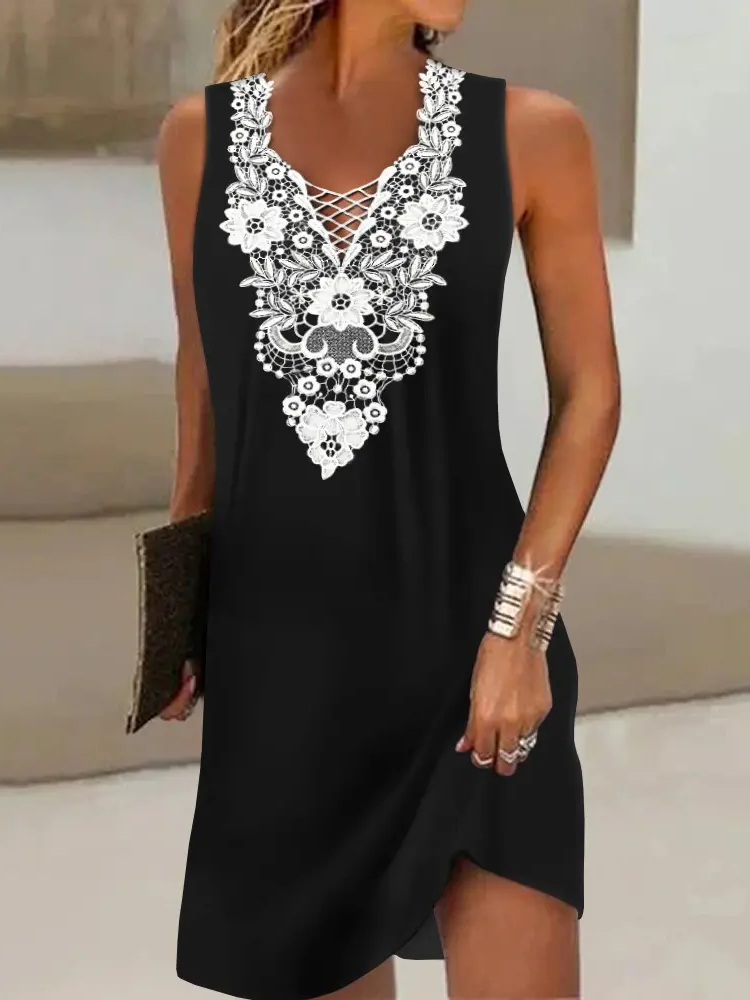 V Neck Elegant Contrast Lace Sleeveless Casual Occasion Mini Prom Dress QPQ119