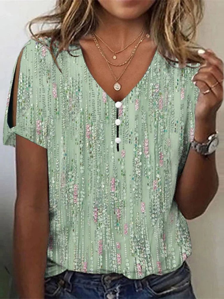 Women Short Sleeve V-neck Graphic Printed Tops QQ99