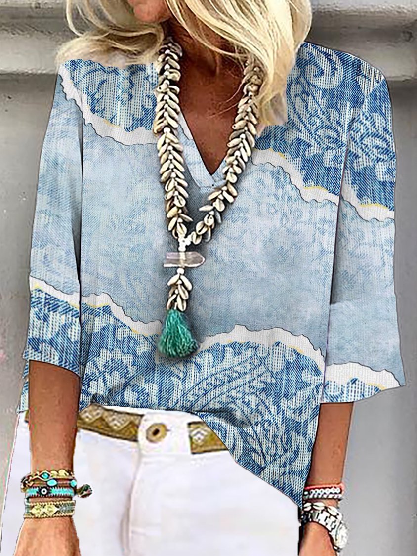 V Neck Loose Abstract Casual Top CZ12