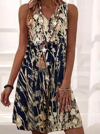 Vacation Plants Floral Loose V Neck Midi Sleeveless Knitting Dress EE37