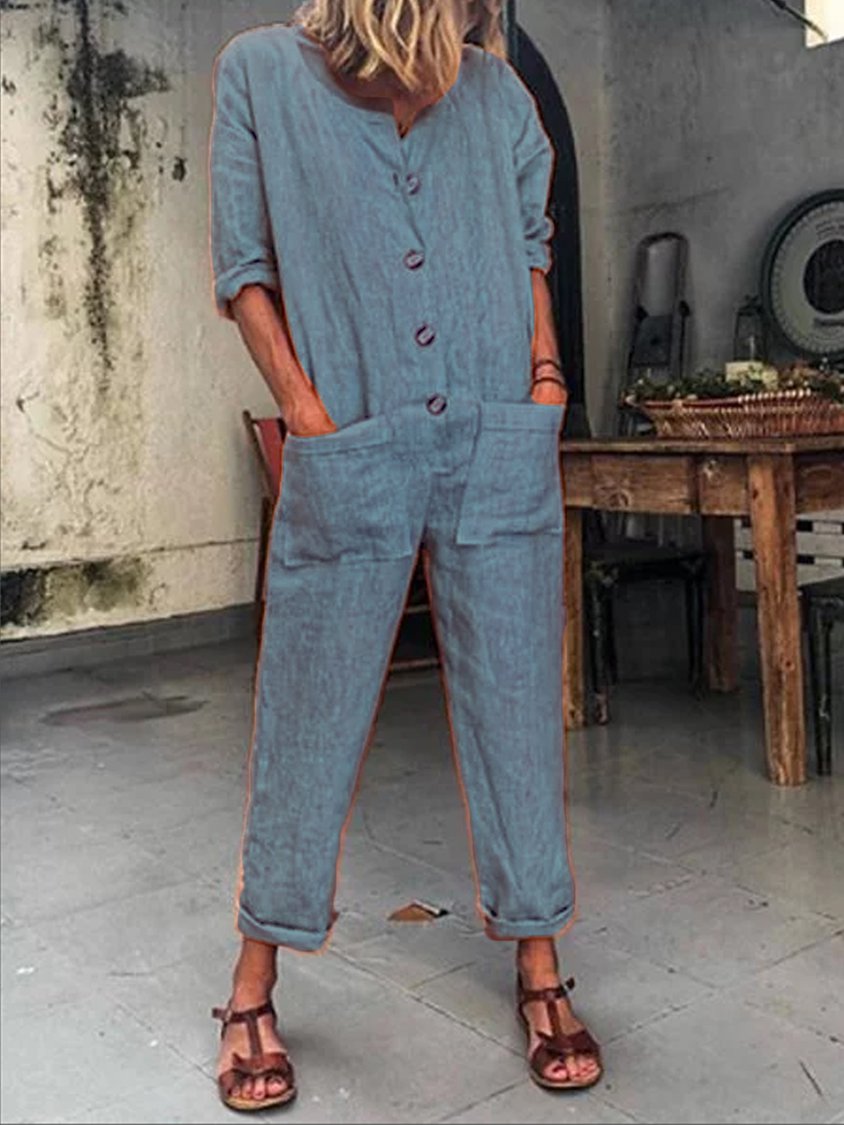 Orange Buttoned Solid Casual Long Sleeve Jumpsuits FE1003