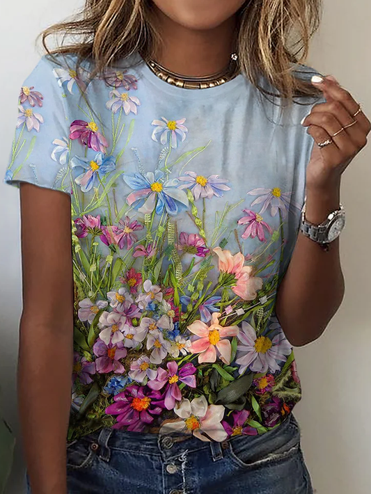 Vacation Crew Neck Loose Floral T-Shirt AH820