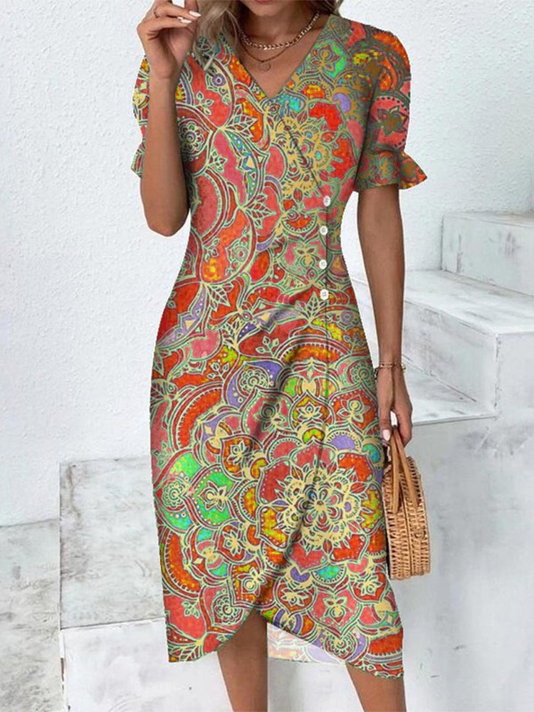 Ethnic Flounce Sleeve Wrap Hem Dress QU77