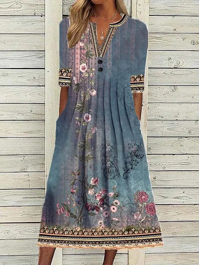 Casual Floral Autumn Micro-Elasticity Daily Loose Jersey Long Three Quarter Dress for Women AT10098