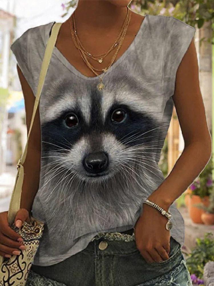 Lässiges T-Shirt mit V-Ausschnitt und Hunde-Print QX78