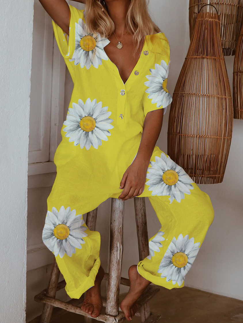 White Casual Floral-Print Cotton Jumpsuit & Romper CM52