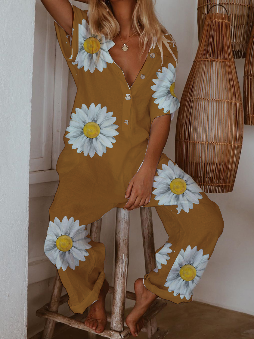 White Casual Floral-Print Cotton Jumpsuit & Romper CM52