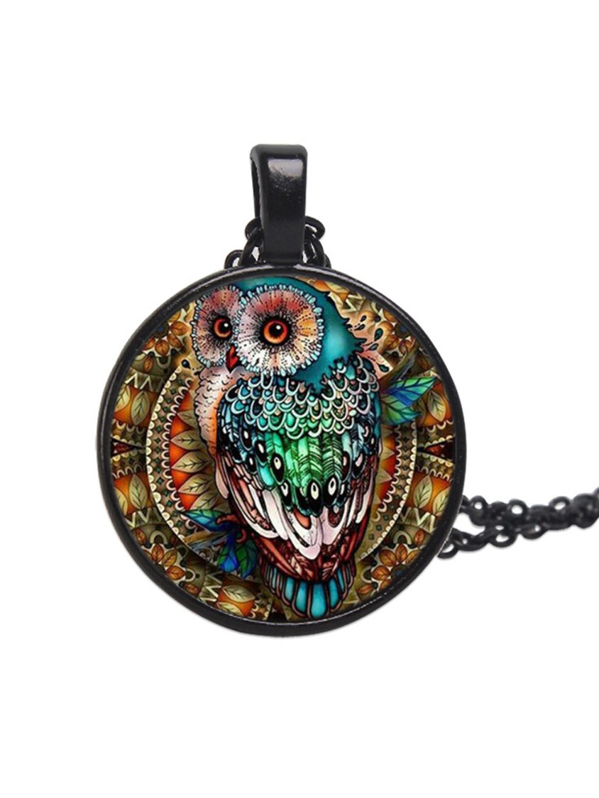 Collier peint en forme de hibou en pierre du temps AT100106