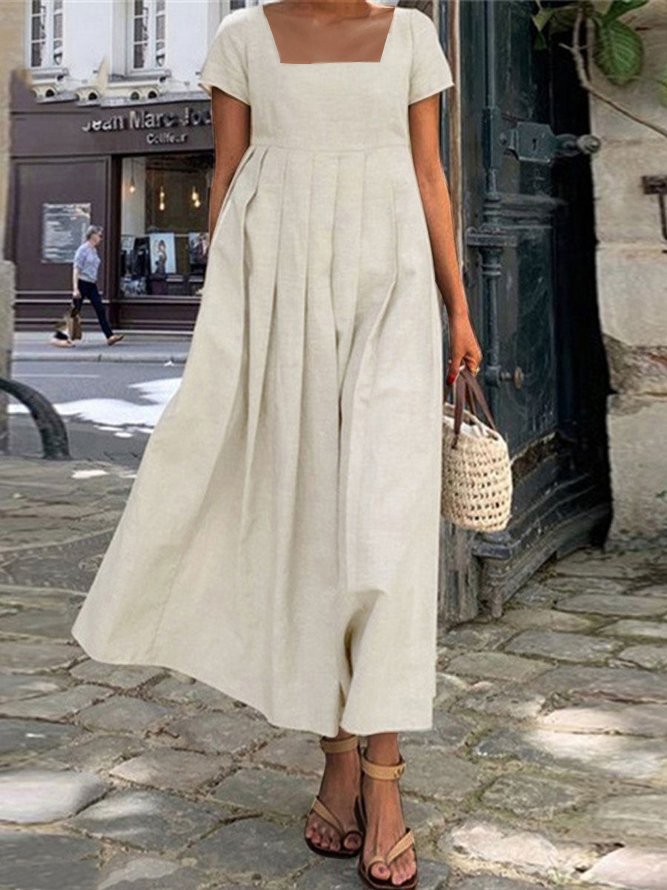 Loose Cotton And Linen Casual Plain Dress QPQ92