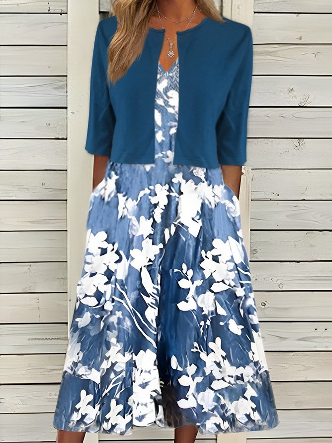Casual Floral Autumn Natural High Elasticity Half sleeve Crew Neck Coat With Skirt X-Line Two-Piece Set for Women DK1056