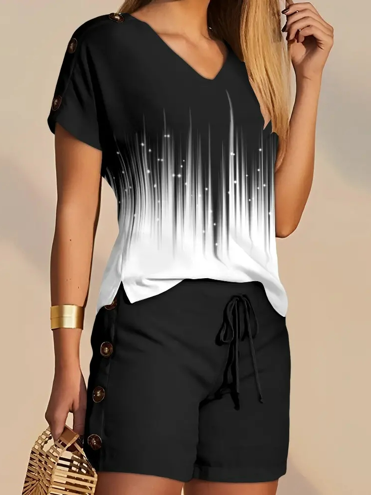 Casual Loose V Neck Gradient Pattern Two-Piece Set QF119