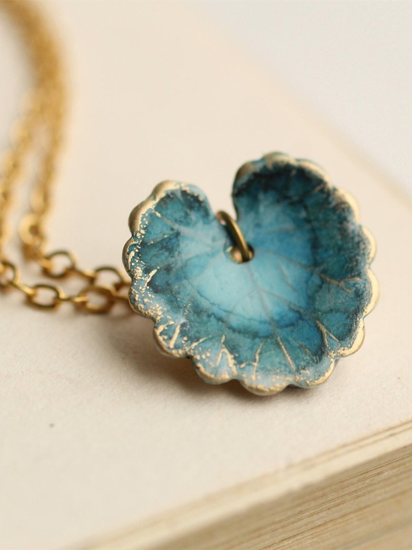 Vintage Ceramic Lotus Leaf Plant Pendant Necklace Ethnic Casual Women Jewelry AH176
