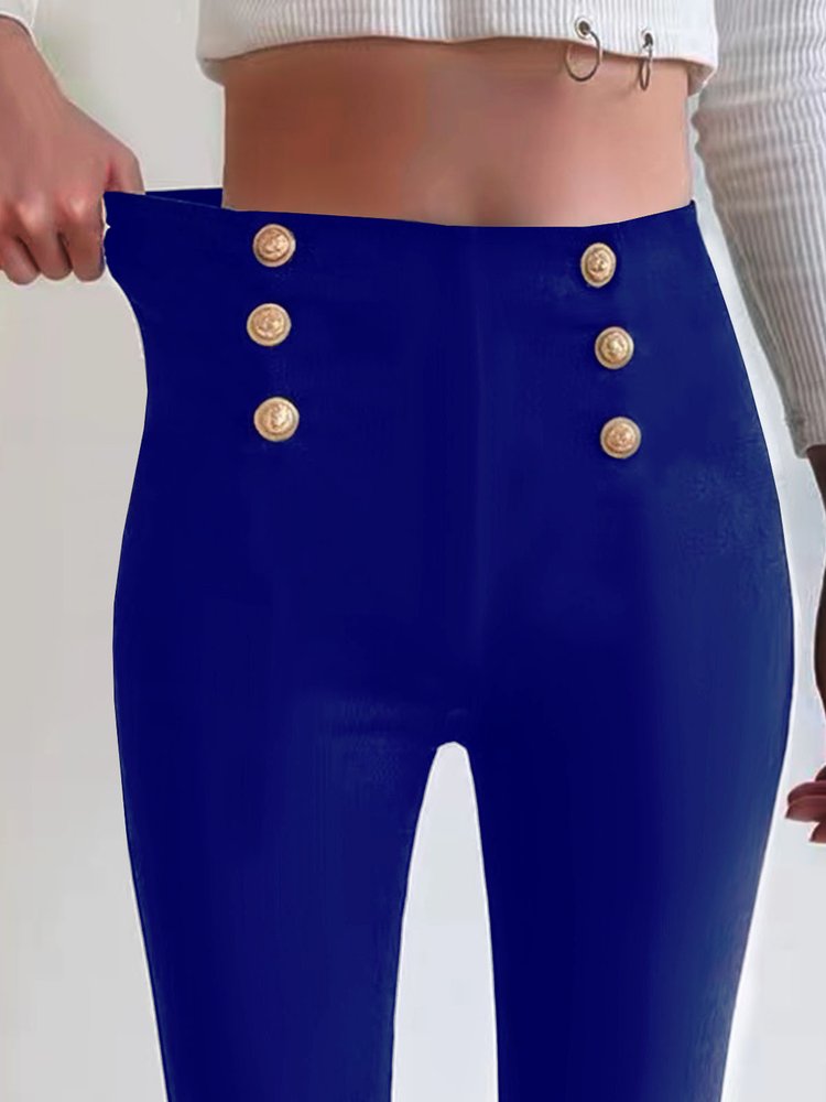 Casual Patchwork Button Tight Plain Leggings WX93
