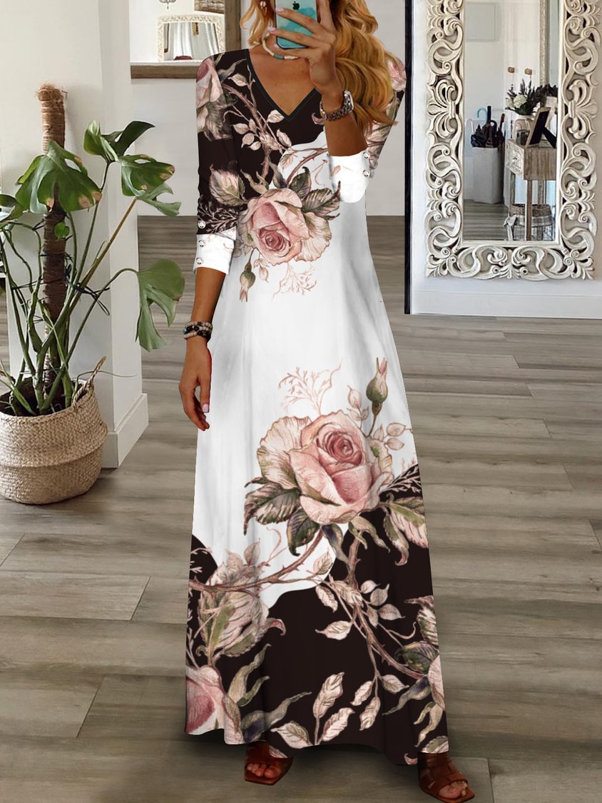 Robe longue à fleurs pour femme, col en V, rose, vert, bleu, jaune, décontractée, AT1004