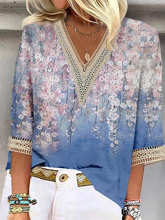 Casual Loose Floral V Neck Shirt WI79