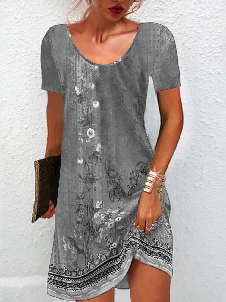 Crew Neck Loose Floral Casual Dress QU67